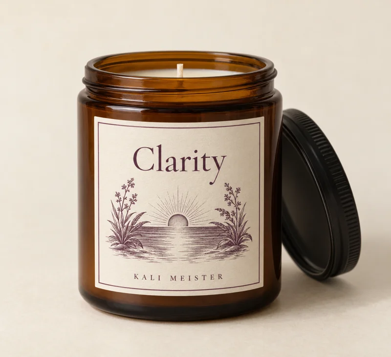 Clarity candle design concept in an amber jar with a cream botanical label