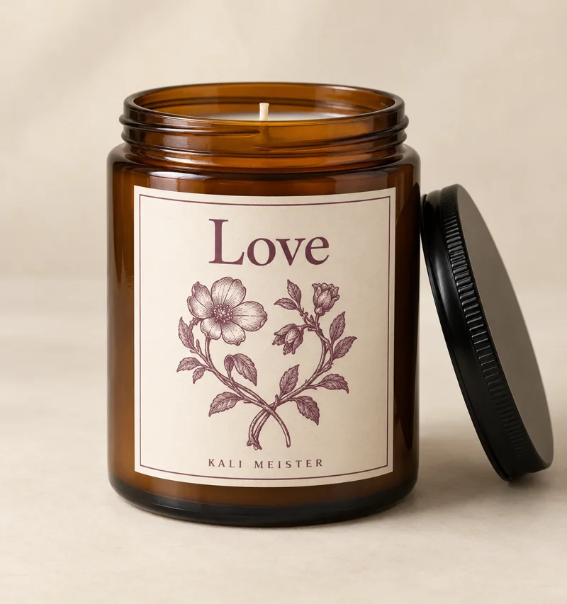 Love candle design concept in an amber jar with a cream botanical label