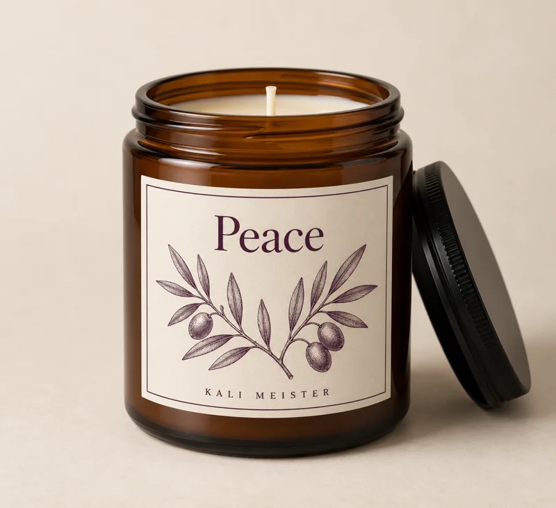 Peace candle design concept in an amber jar with a cream botanical label
