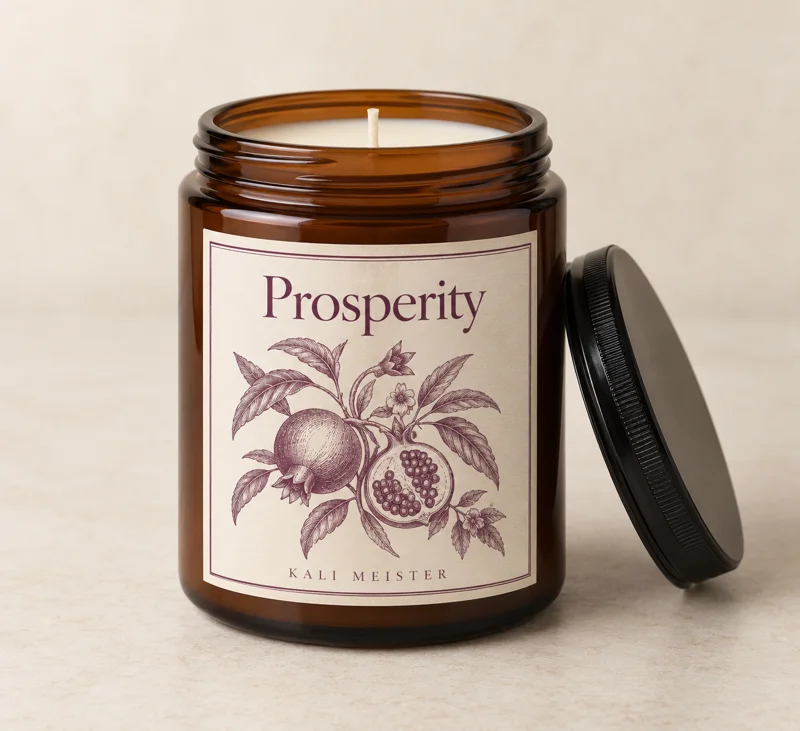 Prosperity candle design concept in an amber jar with a cream botanical label