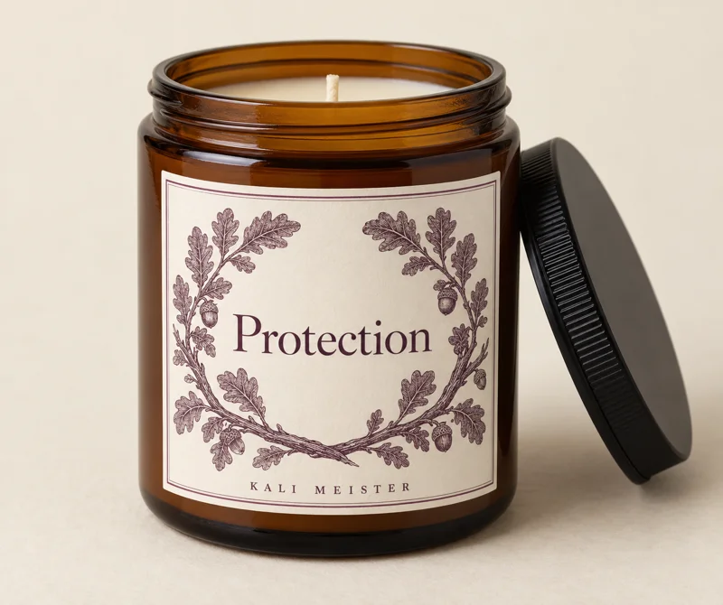 Protection candle design concept in an amber jar with a cream botanical label