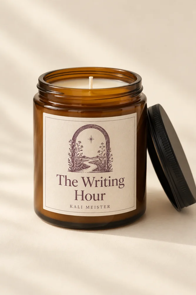 The Writing Hour candle design concept in an amber jar with a cream botanical label